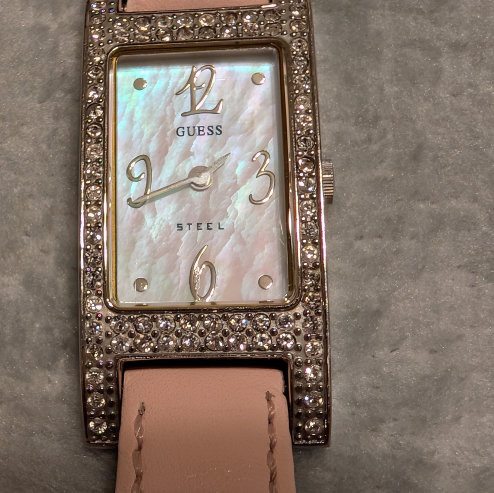 Vintage Guess Silver Blush Pink Band Watch & Mother Of Pearl
